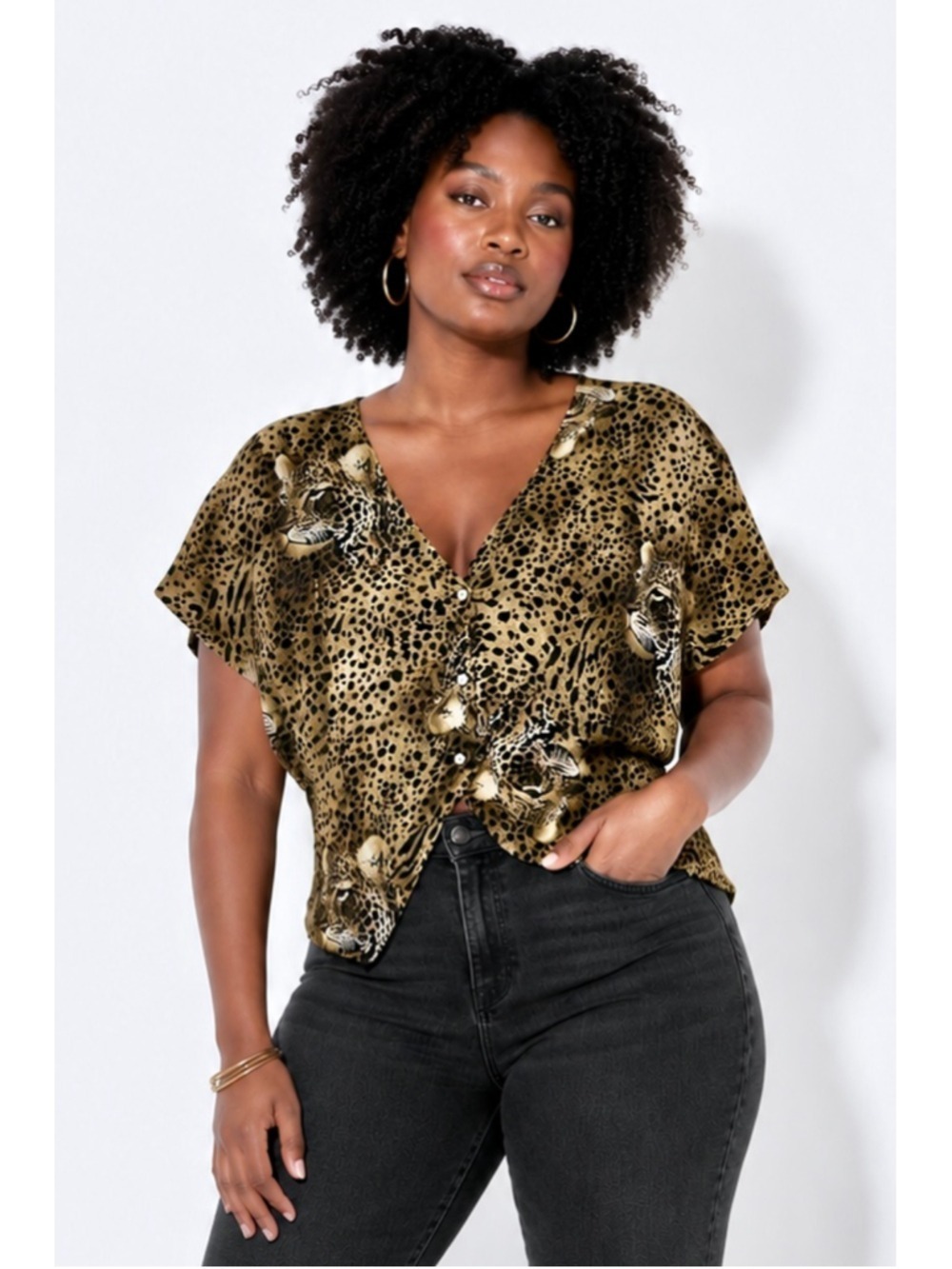 Leopard Print Short Sleeve Blouse V-Neck, Size XL or 1X